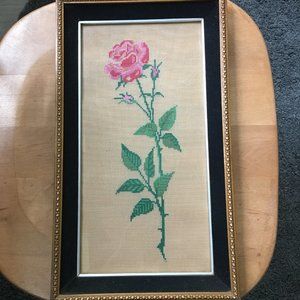 Vintage Single Fuchsia Pink Rose Cross Stitch Velvet Framed Embroidery Art